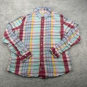 J Crew Shirt Mens XL Slim Baird McNutt Irish Linen Madras Plaid Button Up Pocket